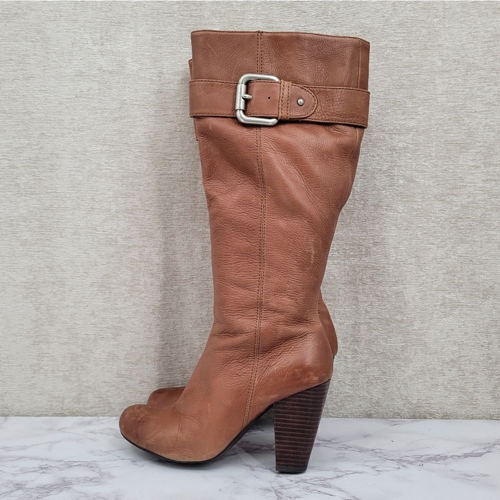 Fossil Rich Tan Leather Tall Heeled Boot with Buckle Detail Women's Size 7.5